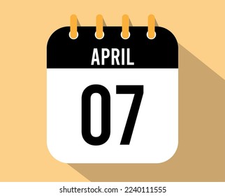 7. April Kalendersymbol. Vektorschwarz für den Monat April mit Schatteneffekt