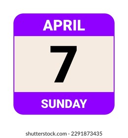 7 April, Sunday. Date template. Useful design for calendar or event promotion. Vector illustration EPS 10 File. Isolated on white background. 