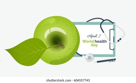 7 April. World health day banner. Vector illustration with medical stethoscope and green apple