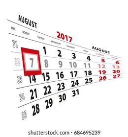 7 August highlighted on calendar 2017. Week starts from Monday. Vector Illustration.