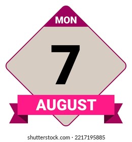 7 August, Monday. Date template. Useful design for calendar or event promotion. Vector illustration EPS 10 File. Isolated on white background.
