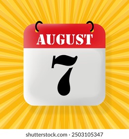7 de agosto. Burbuja de discurso con calendario 2024, 2025. Año, mes, día, semana, gestión del tiempo. Concepto de planificación. Ilustración 3D. Estilo de arte Pop. Icono de línea de Vector para negocios y publicidad