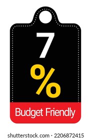 7% Budget Friendly sign tag, label vector art Black Background white and yellow lettering