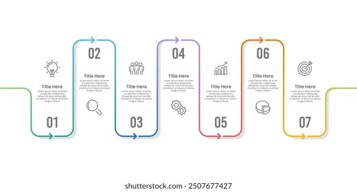 7 Business Process Data Infographic Design Templates. Business Presentation, Report, Timeline, Planning, Marketing and Information. Vector Illustration.