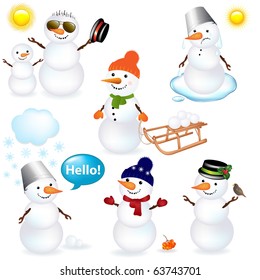 7 Cartoon Snowman,  Isolated On White Background, Vector Illustration