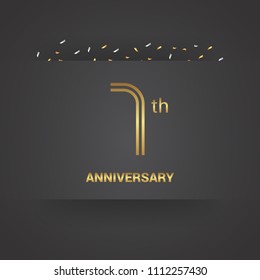 7 celebration event with golden multiple line font and confetti isolated on dark grey background