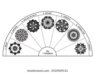 7 Chakra carta de colores, semicírculo con mandalas blanco y negro