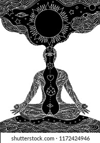 7 chakra lotus pose yoga, vector doodle hand drawing sun world universe flower floral design illustration