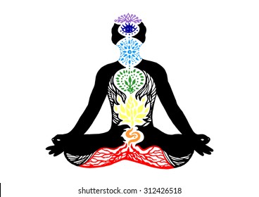 7 chakra vector sign symbol, lotus pose yoga with mudra hand, pen drawing black and white , abstract aura power, nature pattern design