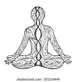 7 chakra vector sign symbol, lotus pose yoga with mudra hand, black and white hand drawn , abstract aura power, nature pattern design