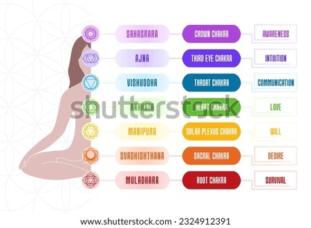 7 chakras chart with meanings and body silhouette. Vector illustration banner.
