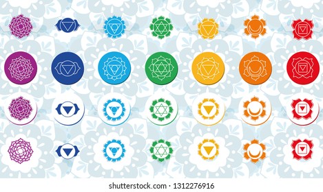 7 chakras of human body and symbol OM - editable vector set. Sahasrara, Ajna, Vishuddha, Anahata, Manipura, Svadhisthana, Muladhara - energy centers of body, used in Ayurveda and Hinduism. - Vetorial