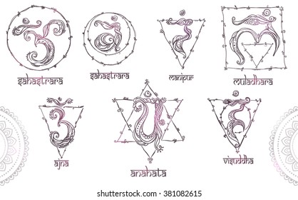 7 Chakras: muladhara, sahasrara, ajna, vishuddha, anahata, manipura, svadhishana. Set Chakra made in vector. The concept of chakras Hinduism, Buddhism, the occult variety of systems and Ayurveda 