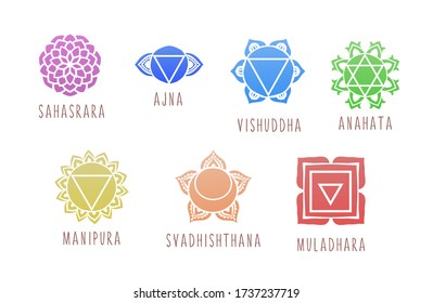 7 chakras symbol coloring vector illustration. For logo yoga healing, mandala, meditation, kundalini, Sahasrara. Beautiful outline mandalas. Chakra system icon set. The seven simple symbols.