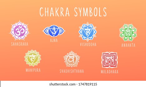 7 símbolo chakras coloreando ilustración vectorial. Para curar el logotipo del yoga, mandala, meditación, kundalini, Sahasrara. Hermosos mandalas de contorno. Conjunto de iconos del sistema Chakra. Los siete símbolos simples.