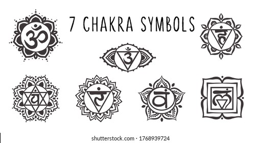 7 chakras symbol coloring vector illustration. For logo yoga healing, mandala, meditation, kundalini. Beautiful outline mandalas. Chakra system icon set. The seven simple Black and white symbols.