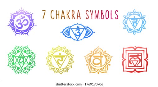 7 chakras symbol coloring vector illustration. For logo yoga healing, mandala, meditation, kundalini, Sahasrara. Beautiful outline mandalas. Chakra system icon set. The seven simple symbols.