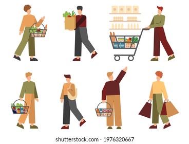 7 characters isolated on white background. Collection of cartoon person with groceries, trolley, bag and purse. Store or supermarket characters. Groceries, shopping, people in the supermarket.