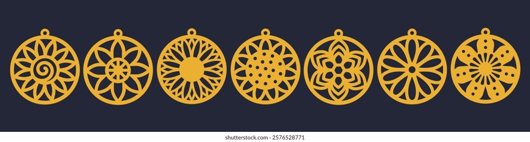 7 circle shape vector designs with flower for earrings, pendant or keychain. Cutout silhouette, jewelry cnc laser cut template for metal, wood or leather. Round floral hanging bijouterie