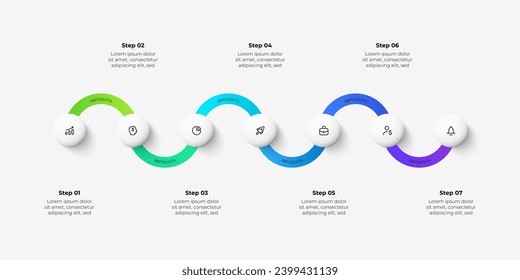 7 circles are arranged in a horizontal row with zigzag line. Concept of seven steps of business timeline. Creative infographic design template