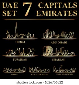 7 cities - the capitals of the United Arab Emirates, vector illustration on black background.