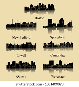 7 City Silhouette in Massachusetts ( Boston, New Bedford, Springfield, Lowell, Quincy, Worcester, Cambridge )