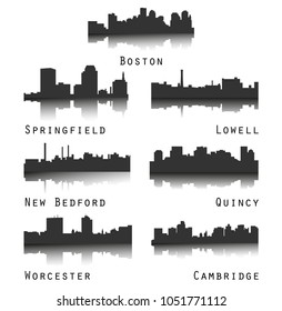 7 City Silhouette in Massachusetts ( Boston, New Bedford, Springfield, Lowell, Quincy, Worcester, Cambridge )