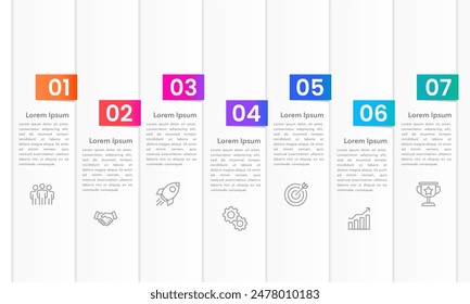 7 coloridos procesos infográficos de Vertical para empresas. Presentación de negocios, Cronología, Hito y Proyecto. Ilustración vectorial.