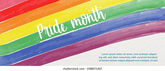 7 Colors bar of Pride flag (symbols of LGBT rights) in watercolors with Pride month wording and example texts on white paper pattern background.