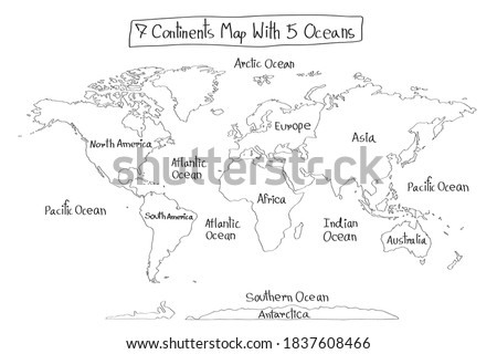 7 Continents map with 5 Oceans vector isolated on white background, freehand drawing, doodle style.