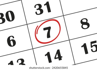 7 es una fecha en el calendario, el séptimo número se redondea con un marcador rojo. Planificación. Guardar la fecha escrita en el calendario