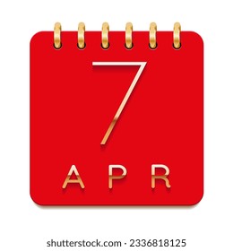 7 day of the month. April. Luxury calendar daily icon. Date day week Sunday, Monday, Tuesday, Wednesday, Thursday, Friday, Saturday. Gold text. Red paper. Vector illustration.