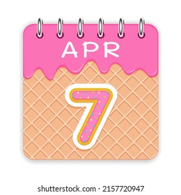 7 day of the month. April. Waffle cone calendar with melted ice cream. 3d daily icon. Date. Week Sunday, Monday, Tuesday, Wednesday, Thursday, Friday, Saturday. White background. Vector illustration.