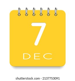 7 día del mes. Diciembre. Icono de calendario amarillo lindo diario. Fecha día semana domingo, lunes, martes, miércoles, jueves, viernes, sábado. Corta papel. Fondo blanco. Ilustración vectorial.