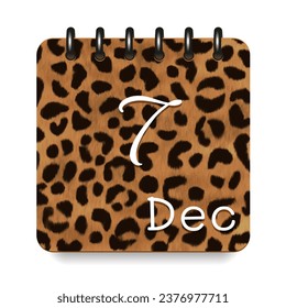 7 Tage des Monats. Dezember. Leopard Print Kalender täglich Symbol. Weiße Buchstaben. Tag Woche Sonntag, Montag, Dienstag, Mittwoch, Donnerstag, Freitag, Samstag.  Weißer Hintergrund. Vektorgrafik.