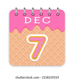 7 day of a month. December. Waffle cone calendar with melted ice cream. 3d daily icon. Date. Week Sunday, Monday, Tuesday, Wednesday, Thursday, Friday, Saturday. White background Vector illustration