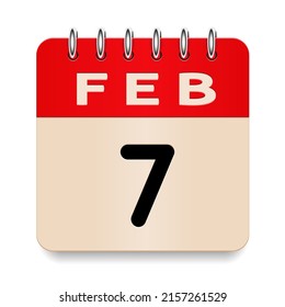 7 day of the month. February. Flip old formal calendar. 3d daily icon. Date. Week Sunday, Monday, Tuesday, Wednesday, Thursday, Friday, Saturday. Cut paper. White background. Vector illustration.