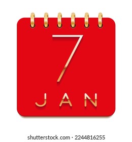 7 day of the month. January. Luxury calendar daily icon. Date day week Sunday, Monday, Tuesday, Wednesday, Thursday, Friday, Saturday. Gold text. Red paper. Vector illustration.