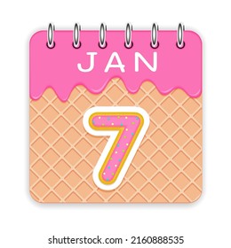 7 day of a month. January. Waffle cone calendar with melted ice cream. 3d daily icon. Date. Week Sunday, Monday, Tuesday, Wednesday, Thursday, Friday, Saturday. White background Vector illustration