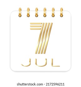7 day of the month. July. Luxury calendar daily icon. Date day week Sunday, Monday, Tuesday, Wednesday, Thursday, Friday, Saturday. Gold text. White background. Vector illustration.