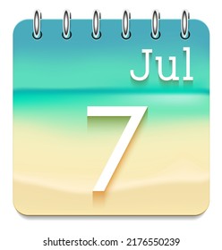 7 day of the month. July. Marine view  calendar daily icon. Date day week Sunday, Monday, Tuesday, Wednesday, Thursday, Friday, Saturday. White text. Sea background. Vector illustration. Sea coast.