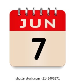 7 day of the month. June. Flip old formal calendar. 3d daily icon. Date. Week Sunday, Monday, Tuesday, Wednesday, Thursday, Friday, Saturday. Cut paper. White background. Vector illustration. 