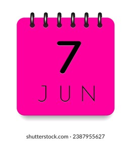7 day of the month. June. Pink calendar daily icon. Black letters. Date day week Sunday, Monday, Tuesday, Wednesday, Thursday, Friday, Saturday. Cut paper. White background. Vector illustration.