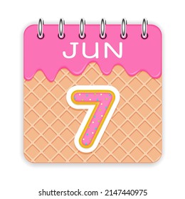 7 day of the month. June. Waffle cone calendar with melted ice cream. 3d daily icon. Date. Week Sunday, Monday, Tuesday, Wednesday, Thursday, Friday, Saturday. White background. Vector illustration.