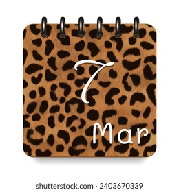 7 day of the month. March. Leopard print calendar daily icon. White letters. Date day week Sunday, Monday, Tuesday, Wednesday, Thursday, Friday, Saturday.  White background. Vector illustration.