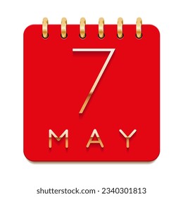 7 day of the month. May. Luxury calendar daily icon. Date day week Sunday, Monday, Tuesday, Wednesday, Thursday, Friday, Saturday. Gold text. Red paper. Vector illustration