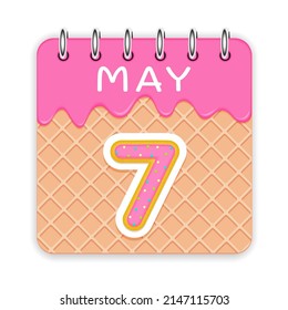 7 day of the month. May. Waffle cone calendar with melted ice cream. 3d daily icon. Date. Week Sunday, Monday, Tuesday, Wednesday, Thursday, Friday, Saturday. White background. Vector illustration.