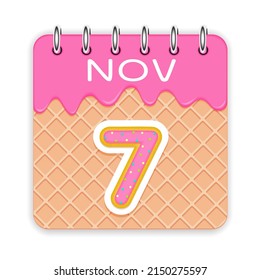 7 day of a month. November. Waffle cone calendar with melted ice cream. 3d daily icon. Date. Week Sunday, Monday, Tuesday, Wednesday, Thursday, Friday, Saturday. White background Vector illustration