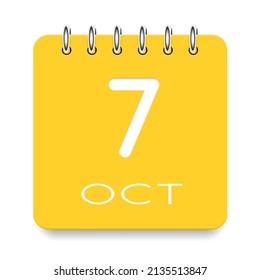7 day of the month. October. Cute yellow calendar daily icon. Date day week Sunday, Monday, Tuesday, Wednesday, Thursday, Friday, Saturday. Cut paper. White background. Vector illustration.