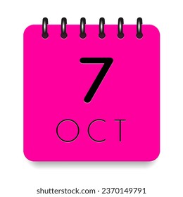 7 day of the month. October. Pink calendar daily icon with black letter. Date day week Sunday, Monday, Tuesday, Wednesday, Thursday, Friday, Saturday. Cut paper. White background. Vector illustration